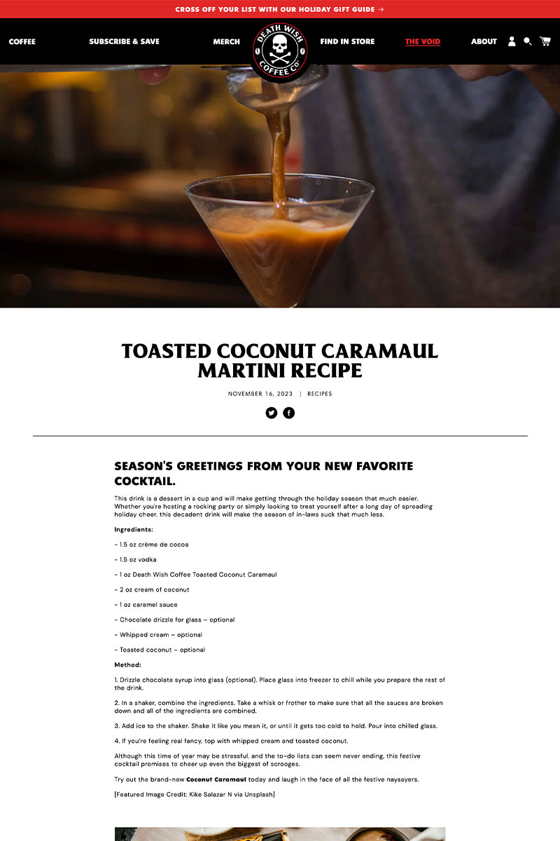 Shopify Recipe page examples - death wish coffee