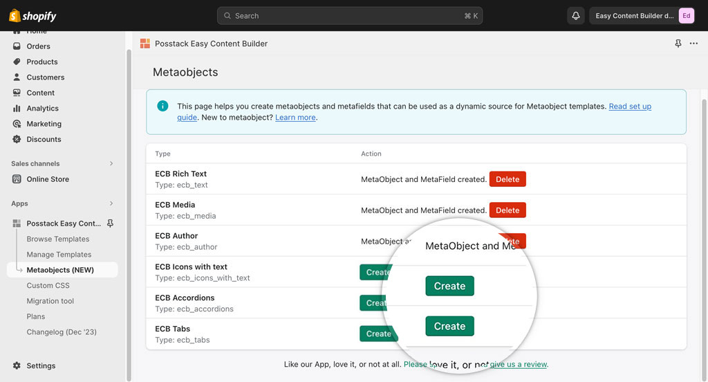 Easy Content Builder - Create metaobject with 1 click