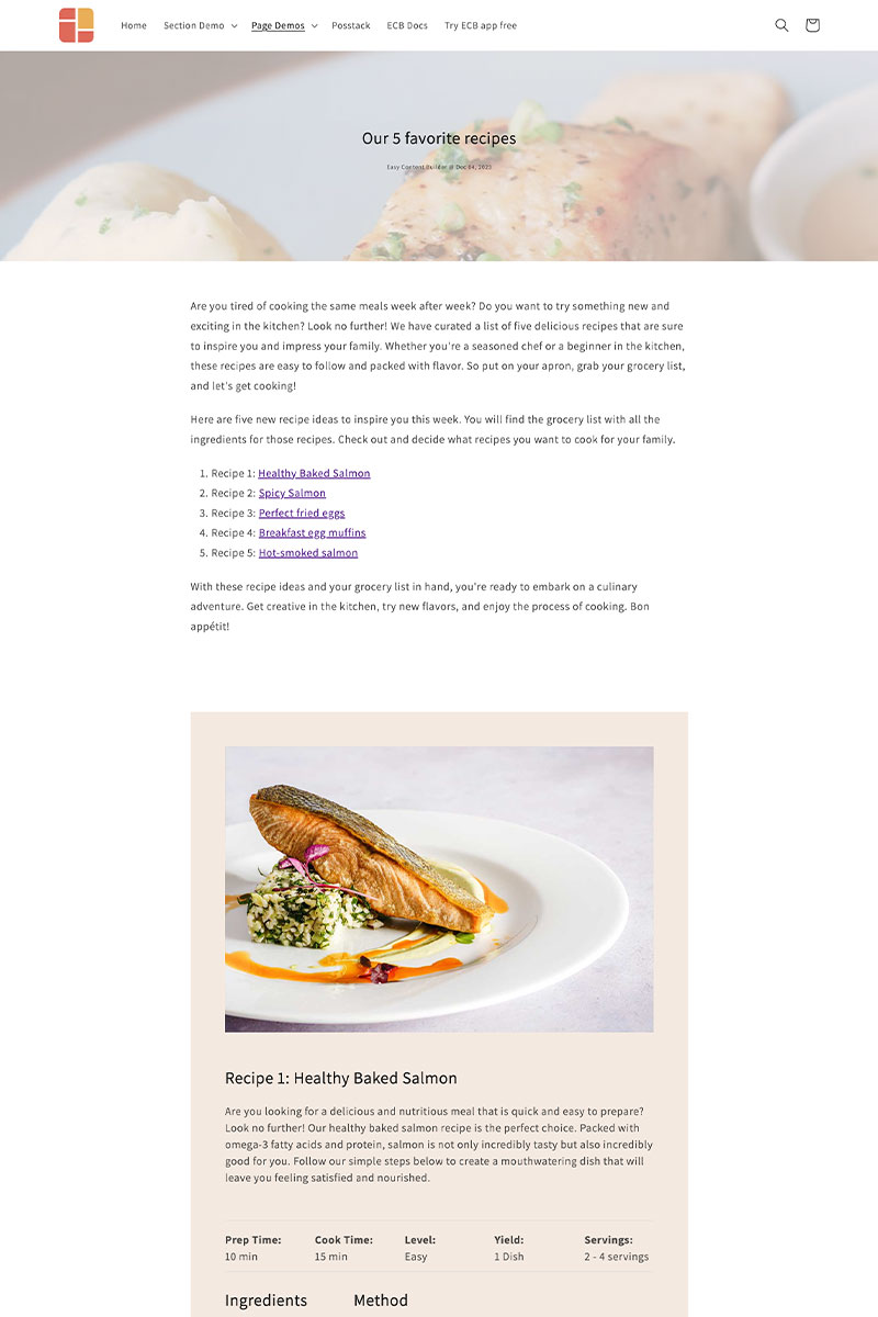 Shopify Recipe page examples - Easy Content Builder