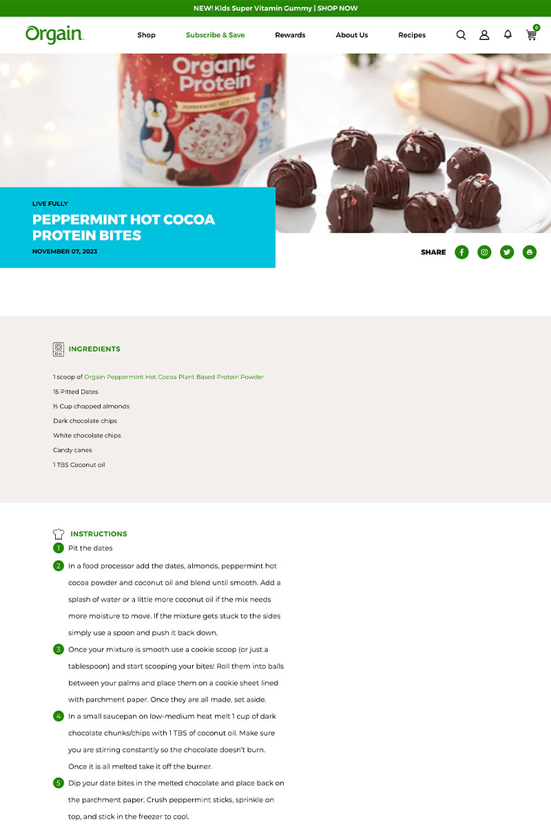 Shopify Recipe page examples - orgain