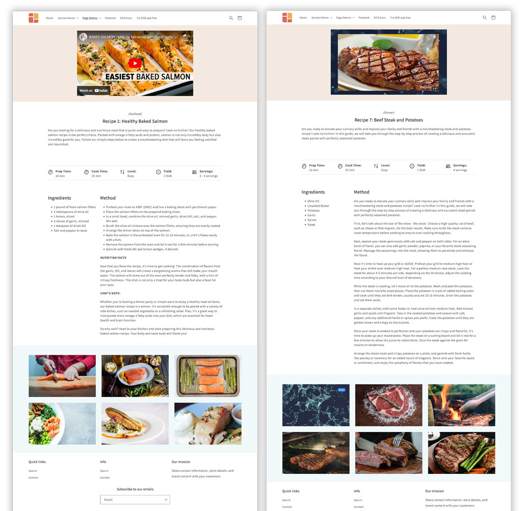 Shopify Recipe pages created by Easy Content Builder