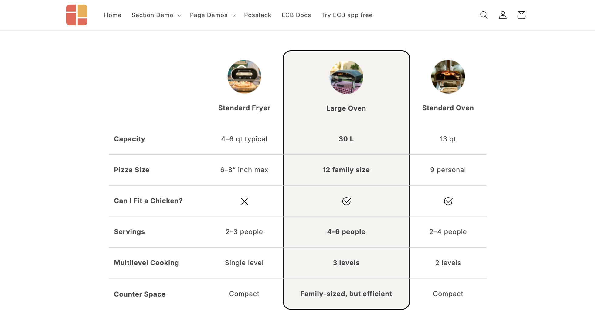 Easy Content Builder - Product comparison chart example 1