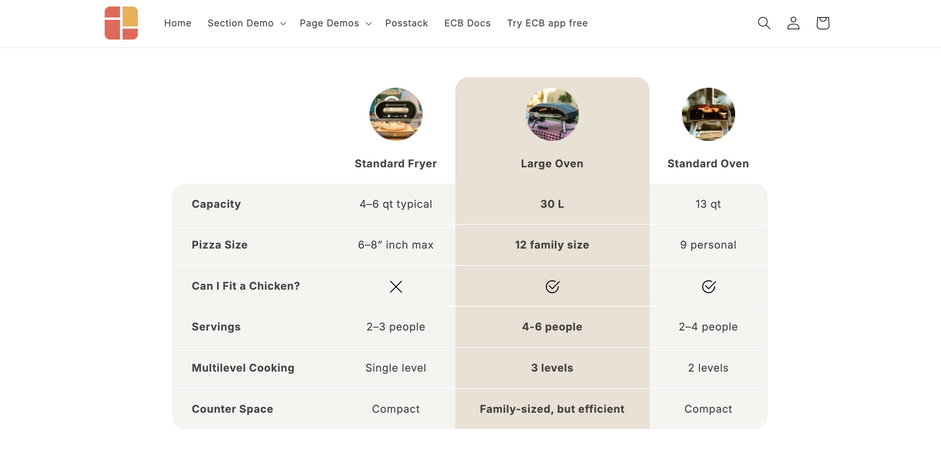 Easy Content Builder - Product comparison chart example 2