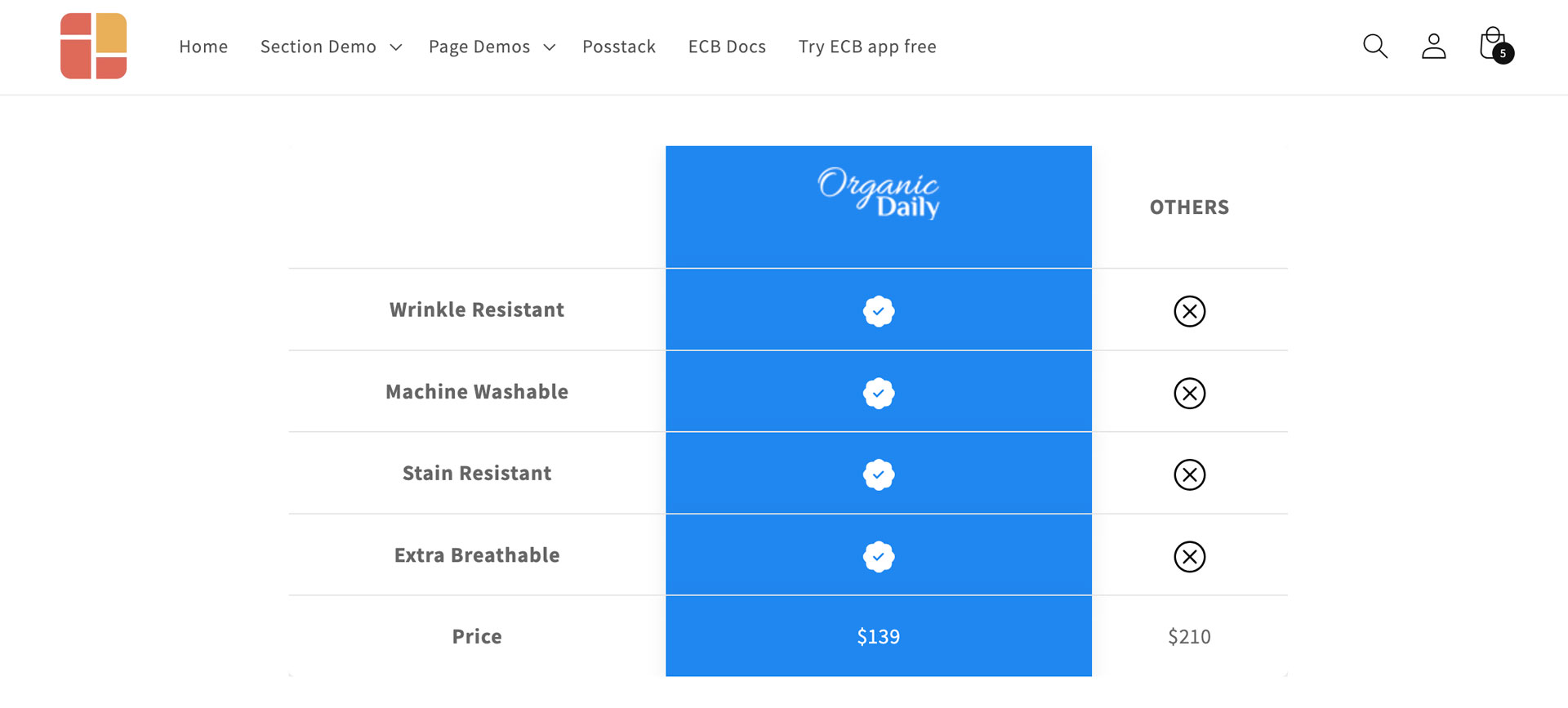 Easy Content Builder - Product comparison chart example 1