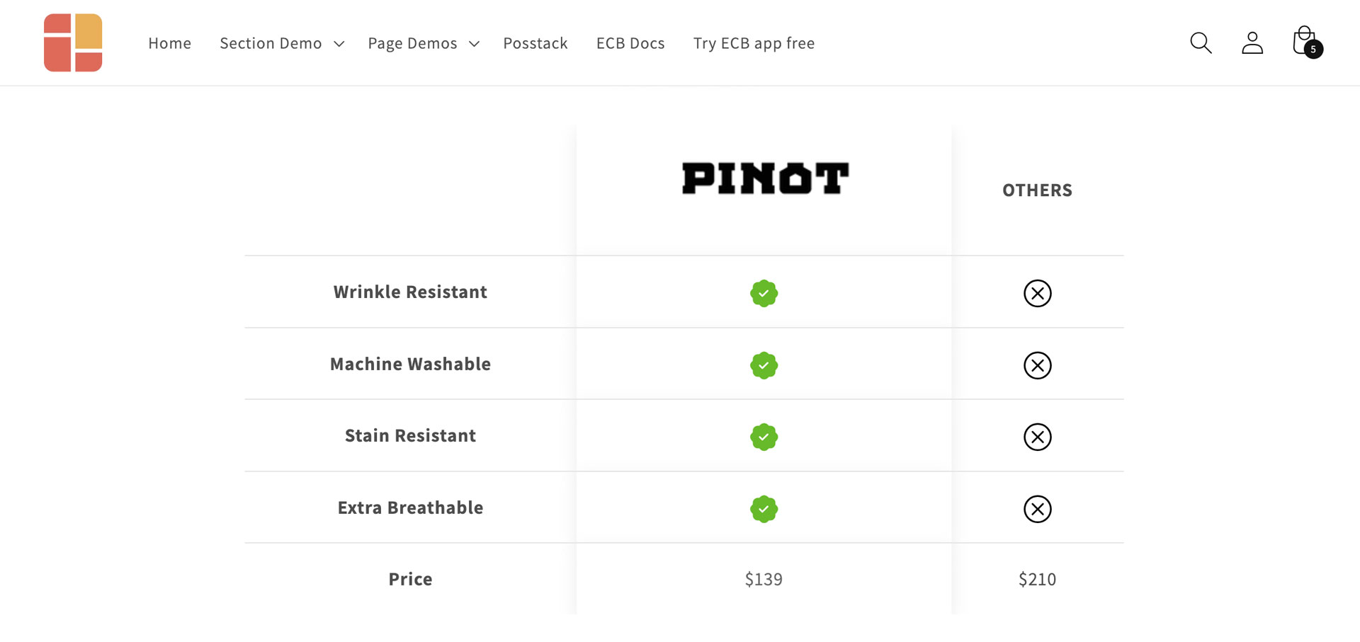 Easy Content Builder - Shopify product pages optimization - Comparison chart 