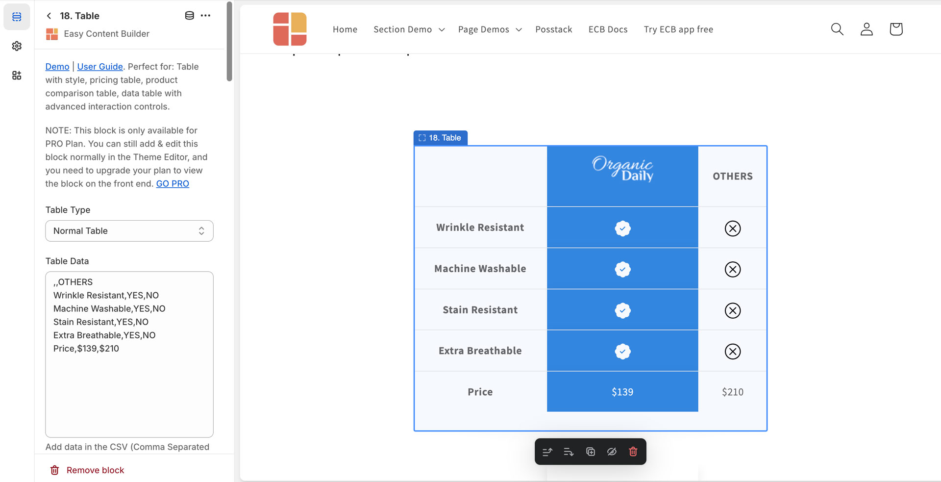 Easy Content Builder - Product comparison chart - Table section config