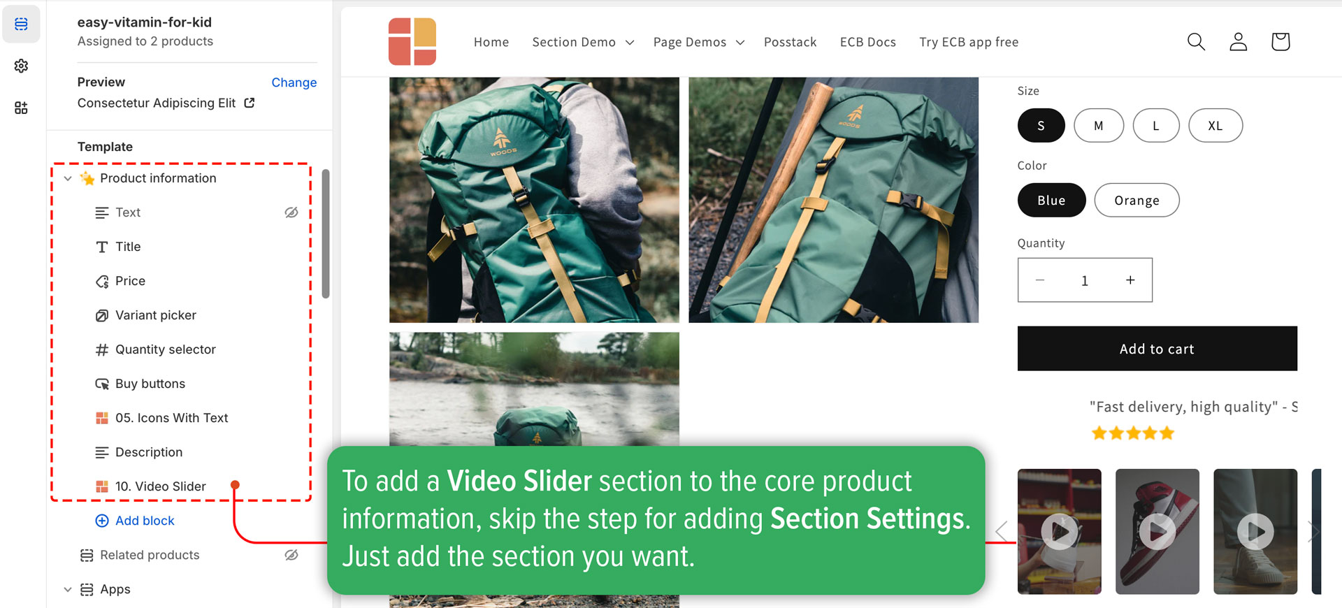 Easy Content Builder - Add video sliders from uploaded videos on Shopify