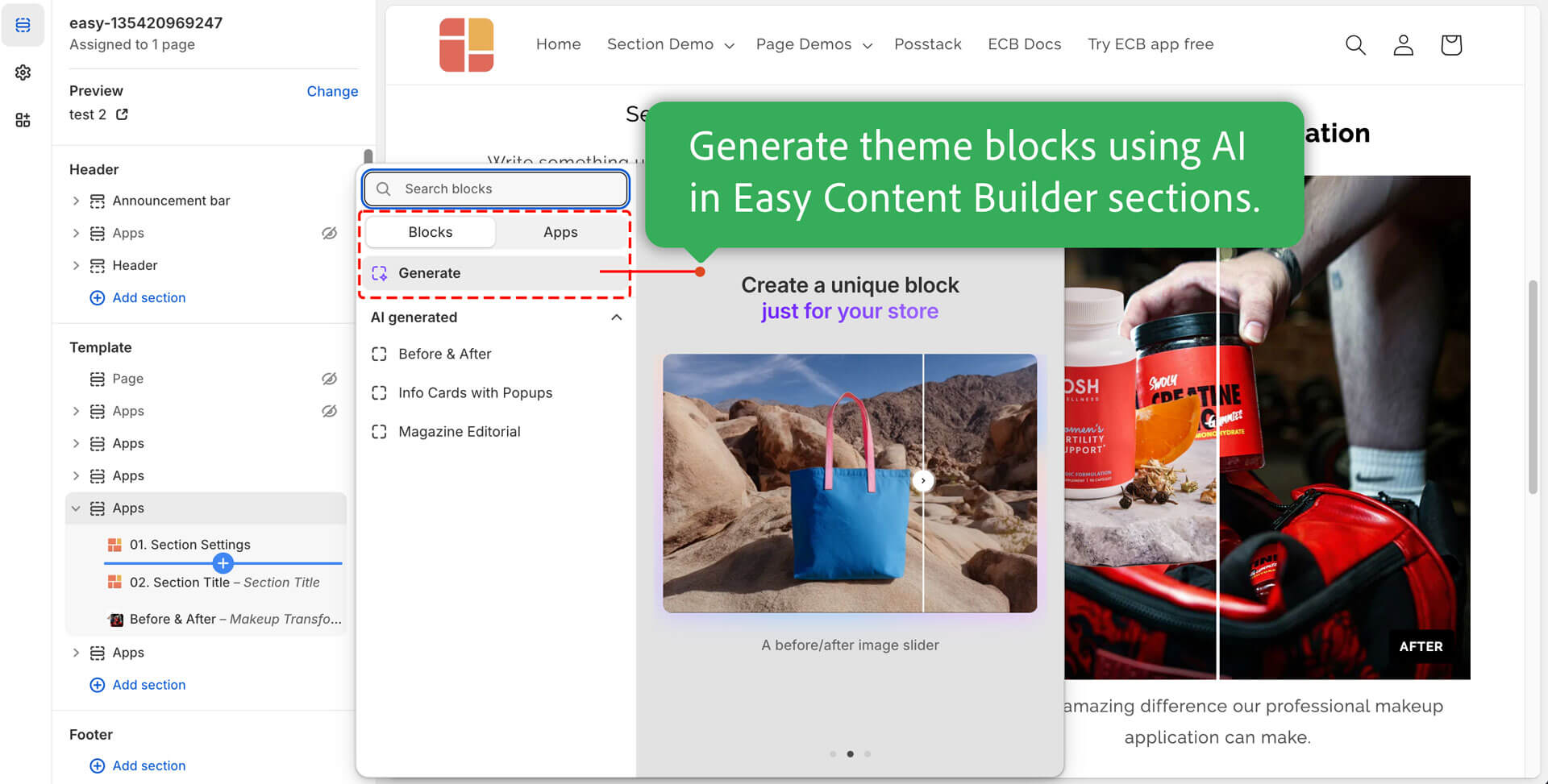 Shopify Dawn theme - Generate theme blocks using AI in the Easy Content Builder sections