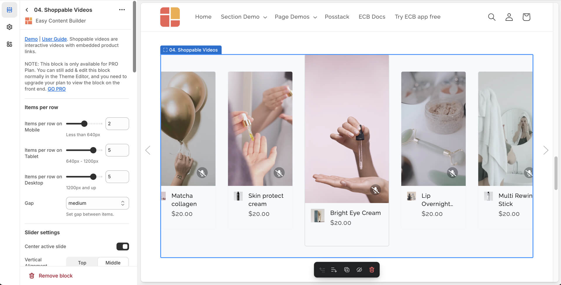 Easy Content Builder - Shoppable Video section